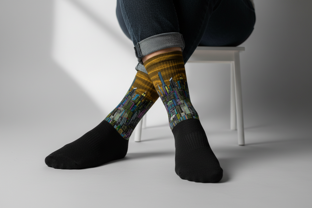Person wearing black socks with colorful cityscape Loria NYC Art design on a neutral background