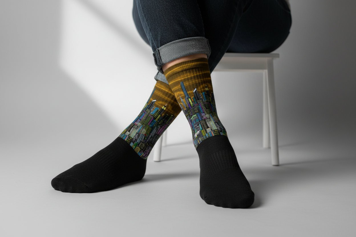 Person wearing black socks with colorful cityscape Loria NYC Art design on a neutral background