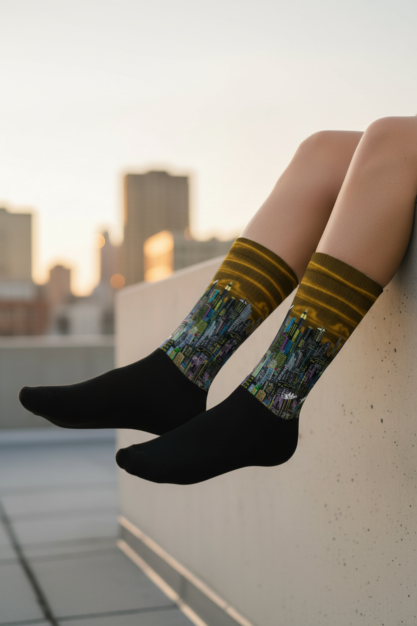 Person wearing socks with a Loria NYC Art cityscape design, sitting on a ledge with a city skyline in the background.