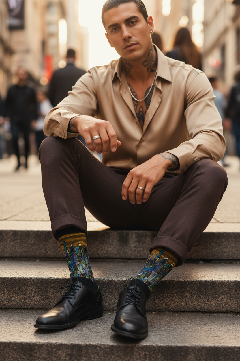 Man wearing Loria NYC Art socks sitting down on a steps in an urban setting.