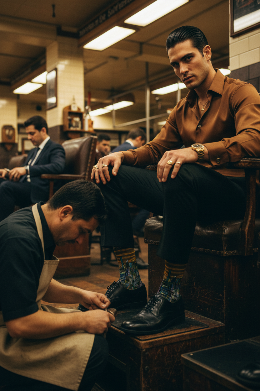 A man in a brown Loria NYC Art socks, shirt and black trousers sits in a leather chair inside a barbershop, looking down at a pair of black leather shoes being worked on by a barber kneeling in the foreground.
