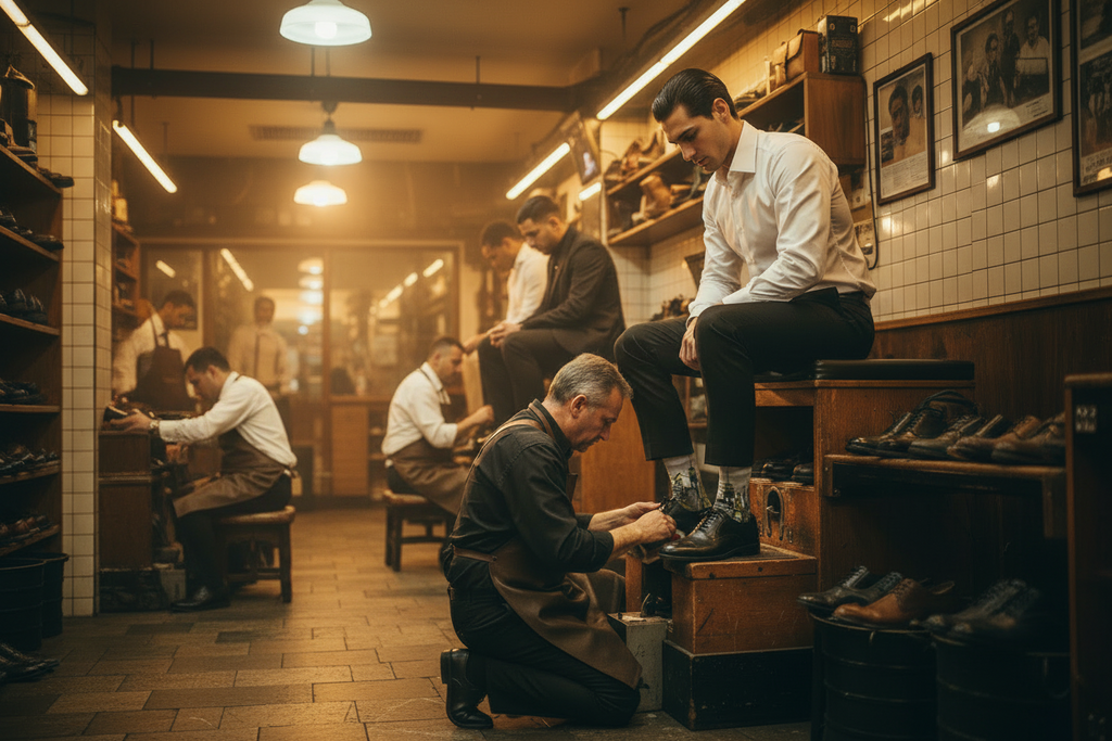 Man wearing white shirt and Loria NYC Art socks in an atmospheric interior of a vintage shoe repair shop with multiple men working and sitting.