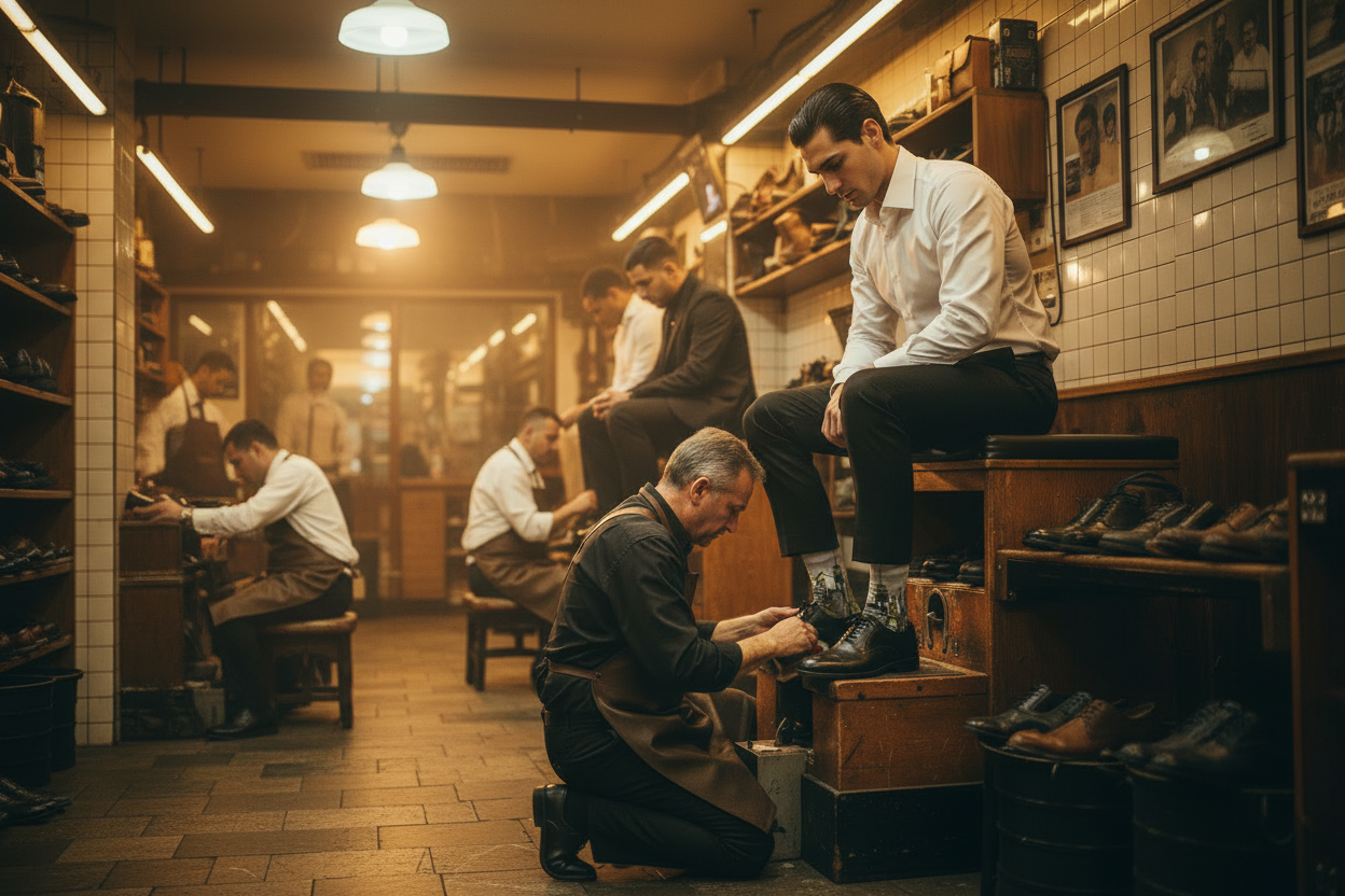 Man wearing white shirt and Loria NYC Art socks in an atmospheric interior of a vintage shoe repair shop with multiple men working and sitting.