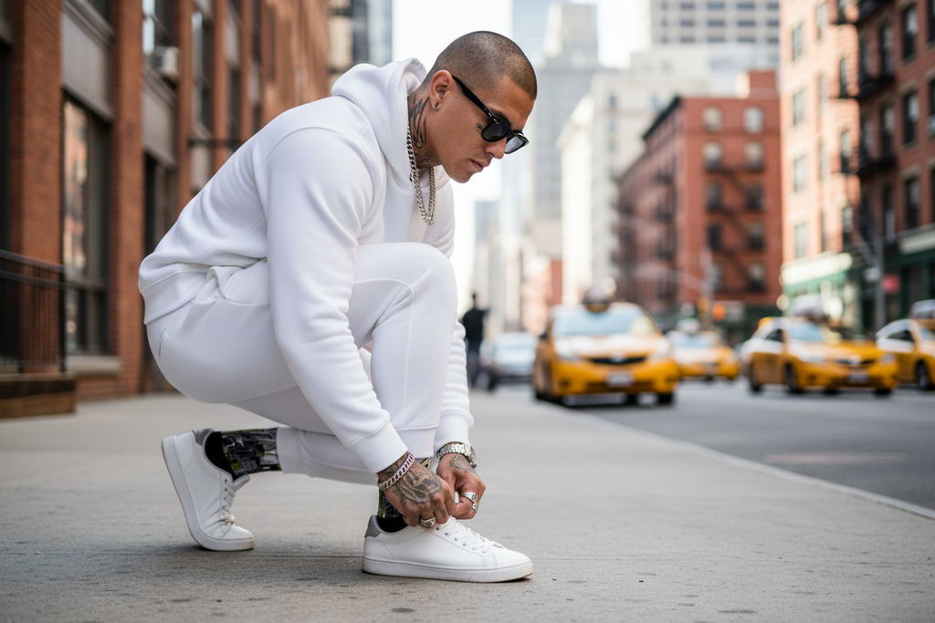 Person in a white Loria NYC Art socks tying shoes on a city street with taxis in the background