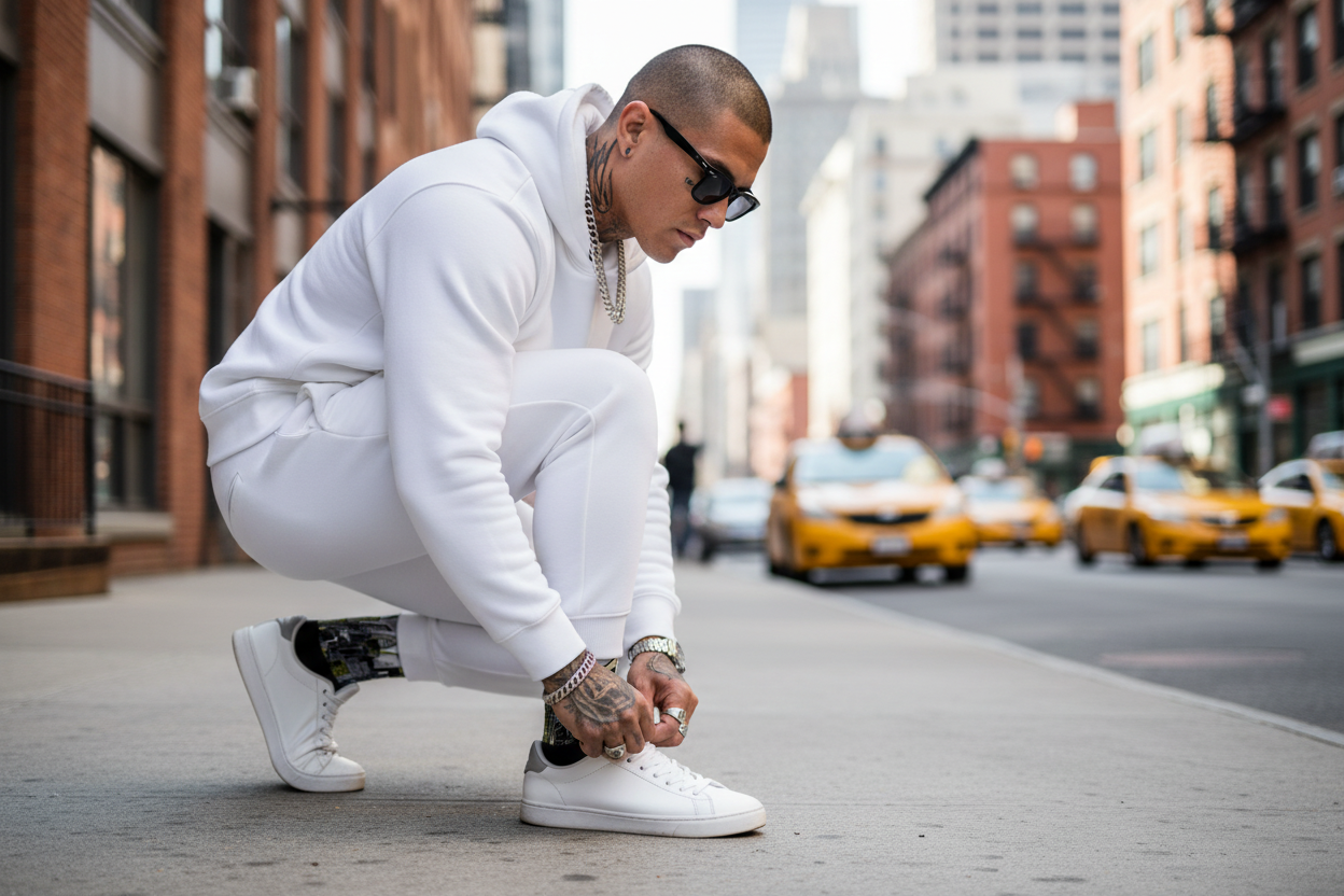 Person in a white Loria NYC Art socks tying shoes on a city street with taxis in the background