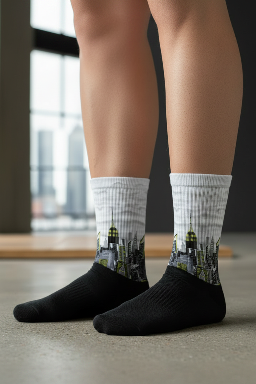 Person wearing socks with Loria NYC Art cityscape design in an indoor setting