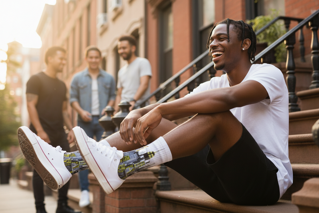 Man showing off Loria NYC Art socks sitting on steps with friends in the background