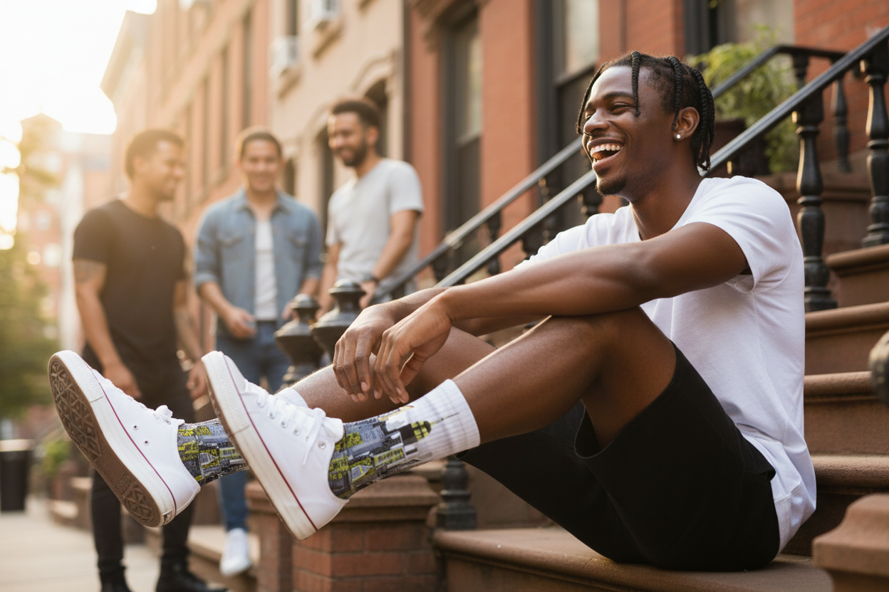 Man showing off Loria NYC Art socks sitting on steps with friends in the background
