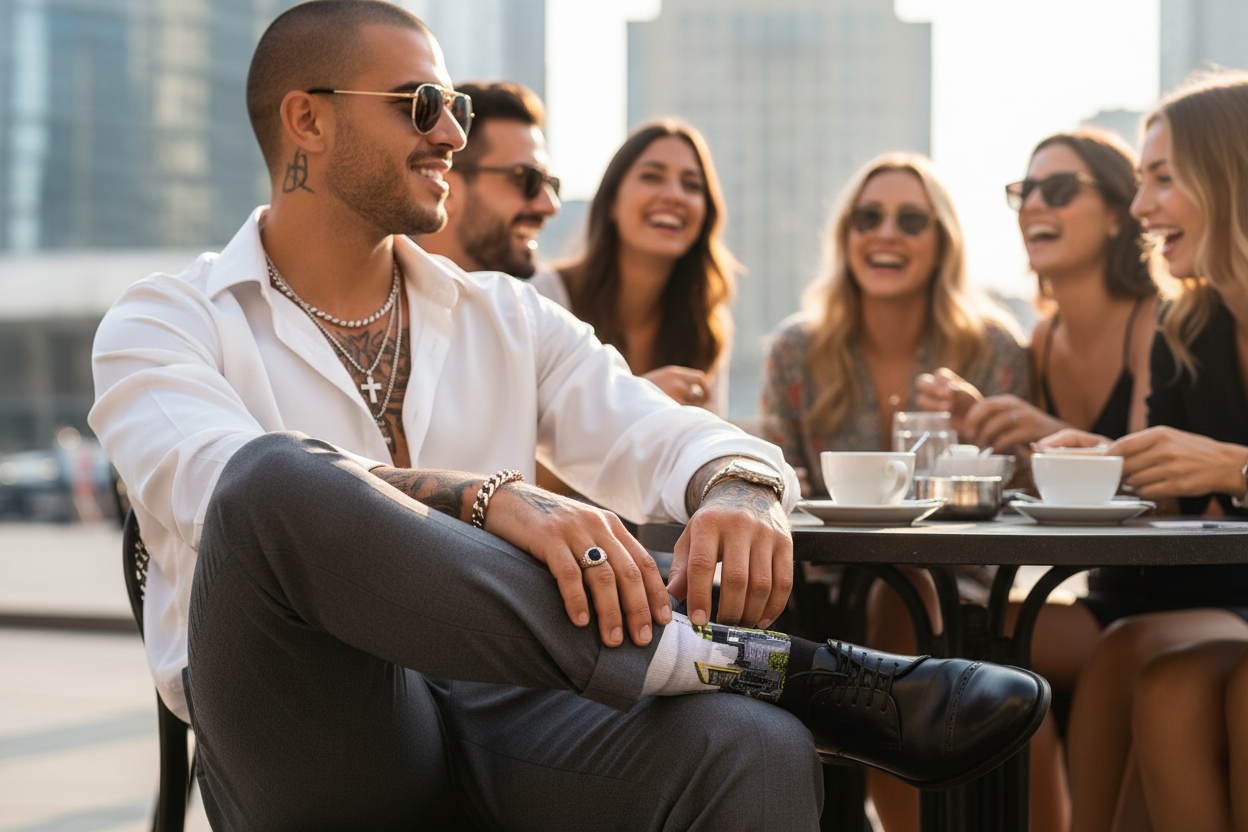 Man sitting outdoors wearing Loria NYC Art socks with friends at a table, enjoying a meal.