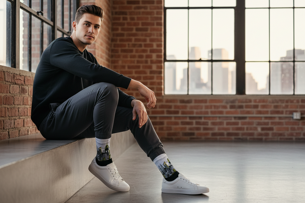 Man sitting on a ledge in an urban setting wearing Loria NYC Art cityscape socks