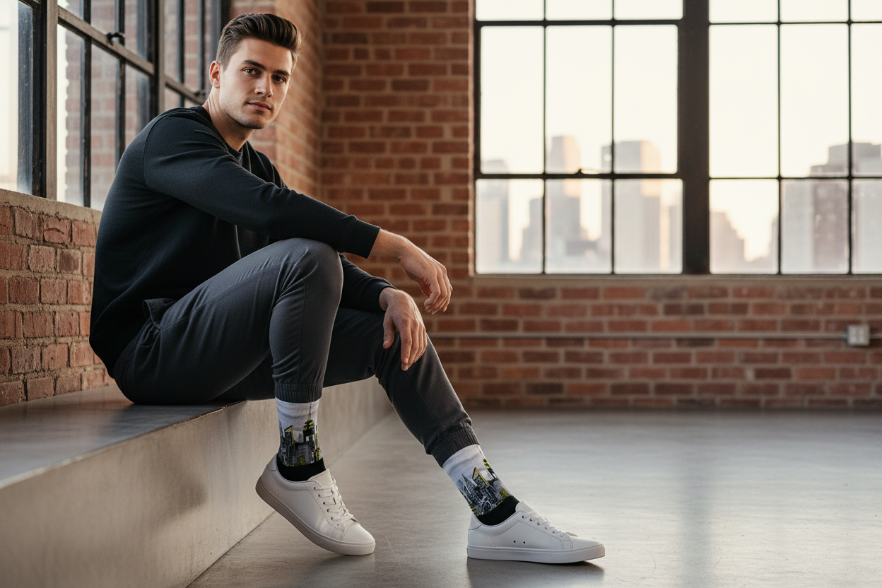 Man sitting on a ledge in an urban setting wearing Loria NYC Art cityscape socks