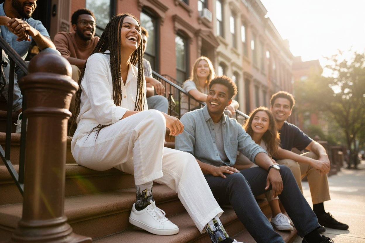 Girl wearing Loria NYC Art socks with people sitting on a staircase in an urban setting