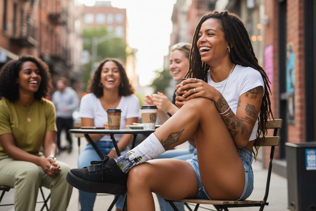 Women wearing graphic Loria NYC Art socks sitting outdoors, laughing and enjoying each other's company.
