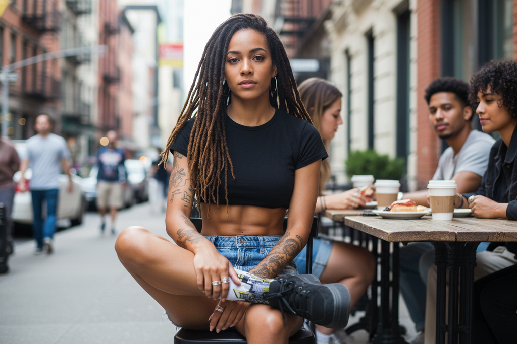 Woman wearing Loria NYC Art socks sitting on a city street with people eating at tables in the background