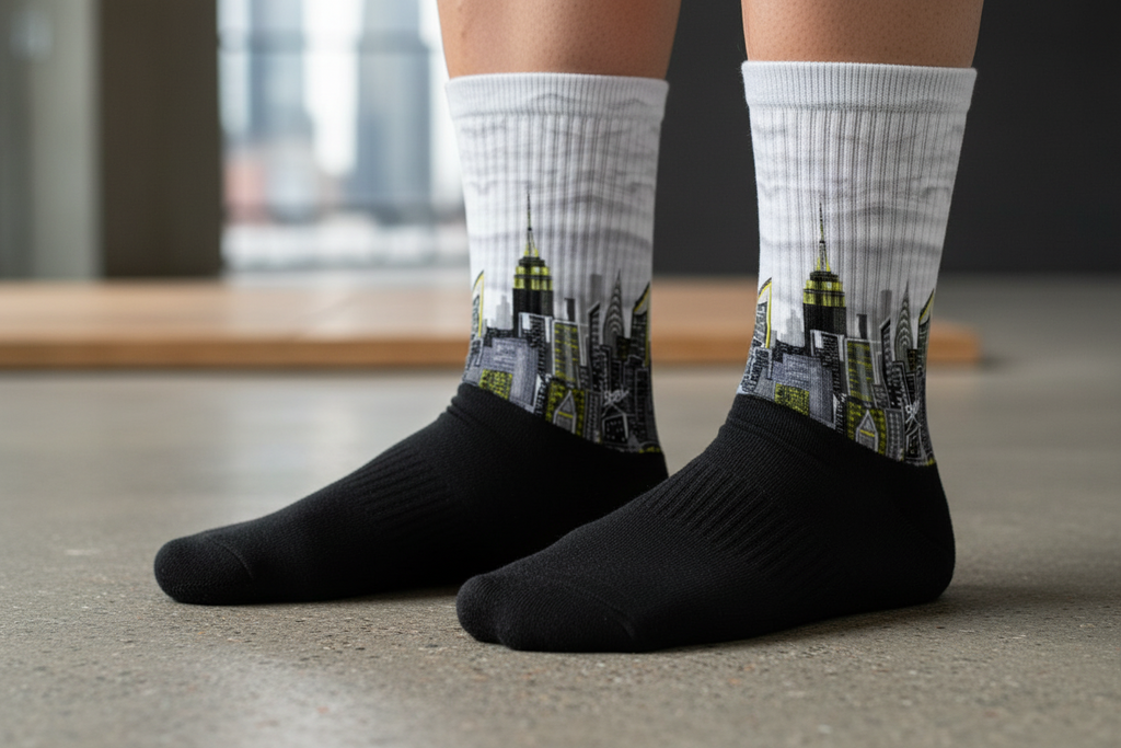 Person wearing black socks with cityscape Loria NYC Art design on a neutral background