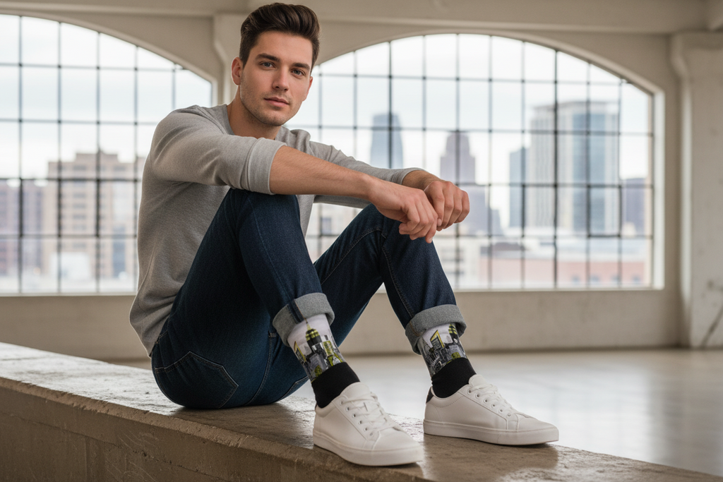 Man sitting on a ledge wearing cityscape Loria NYC Art socks with windows in the background