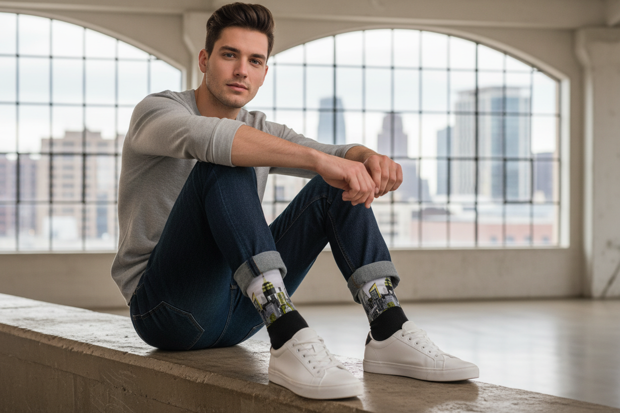 Man sitting on a ledge wearing cityscape Loria NYC Art socks with windows in the background