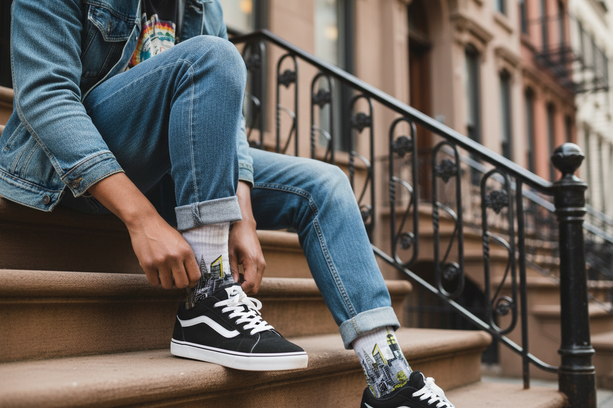 Person sitting on steps wearing jeans, black sneakers, and Loria NYC Art socks with cityscape design.