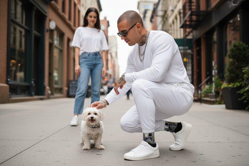 Man wearing Loria NYC Art socks petting a small white dog on a city street with a woman in the background.
