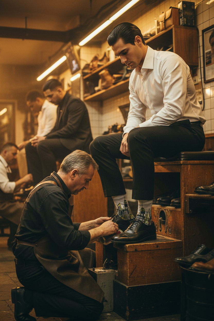 A man in a white Loria NYC Art socks, dress shirt and dark trousers sits on a wooden shoe stand while another man kneels and shines polish on his black dress shoe inside a warmly lit vintage shoe shop.
