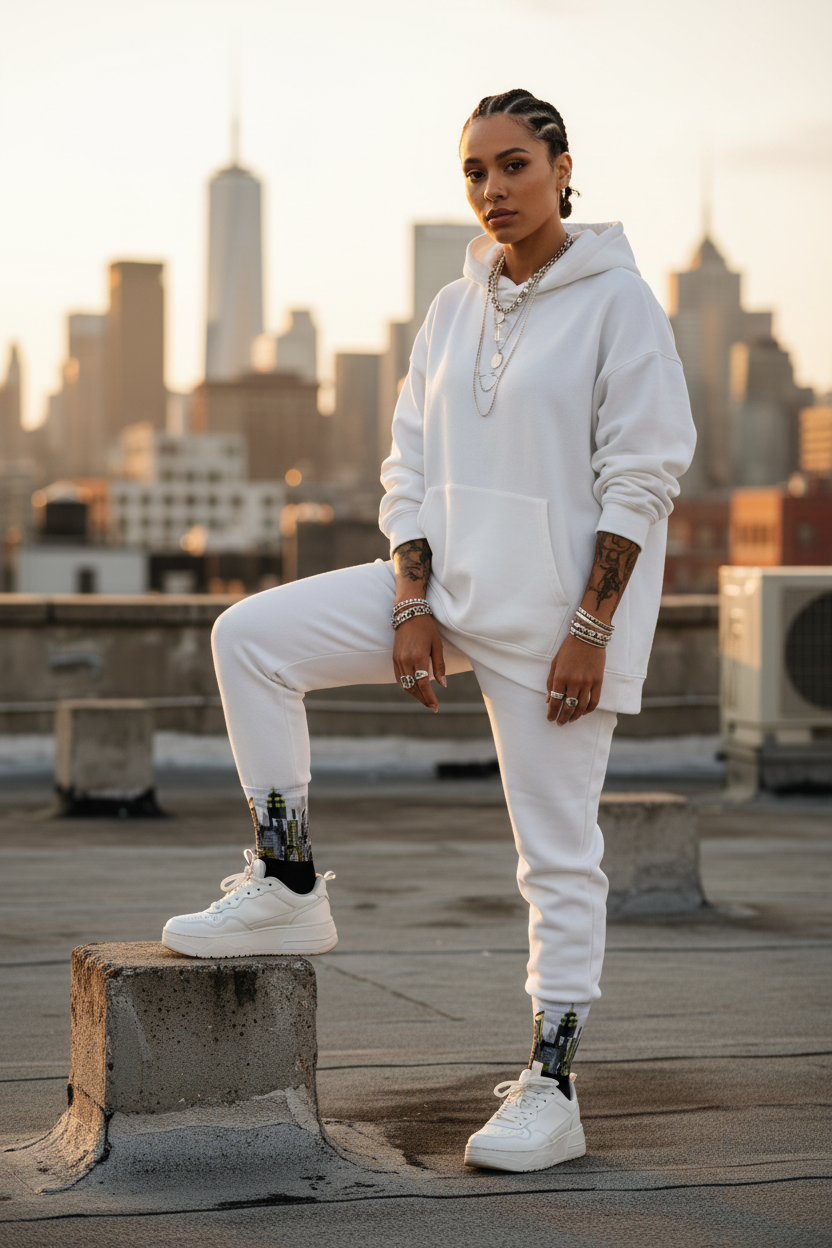 Person in a white outfit standing on a rooftop wearing Loria NYC Art cityscape socks