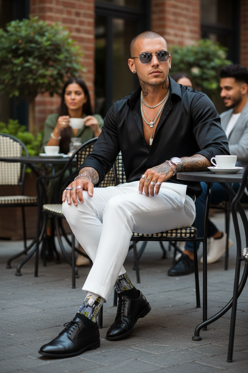 Man sitting at an outdoor cafe table wearing Loria NYC Art socks and sunglasses with a black shirt.