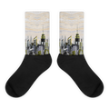 Black beige Loria NYC Art socks with cityscape design on a white background 