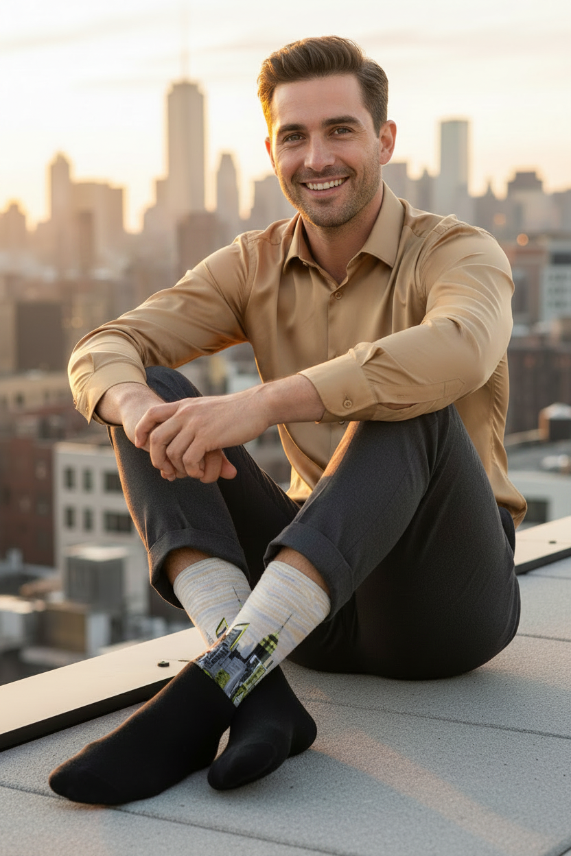 Man wearing Loria NYC Art socks sitting at an outdoor cafe table with a gold tan shirt 
