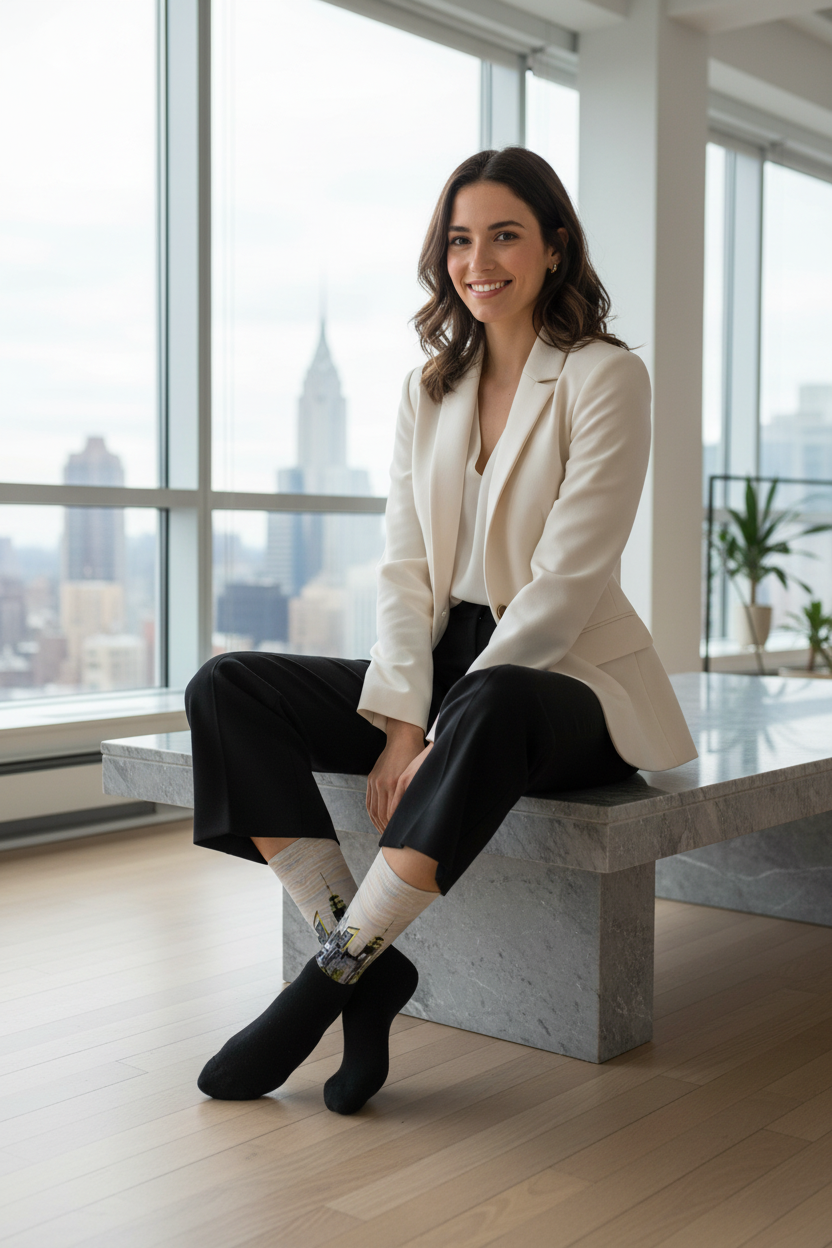 Female wearing  Loria NYC Art socks sitting on a table smiling.