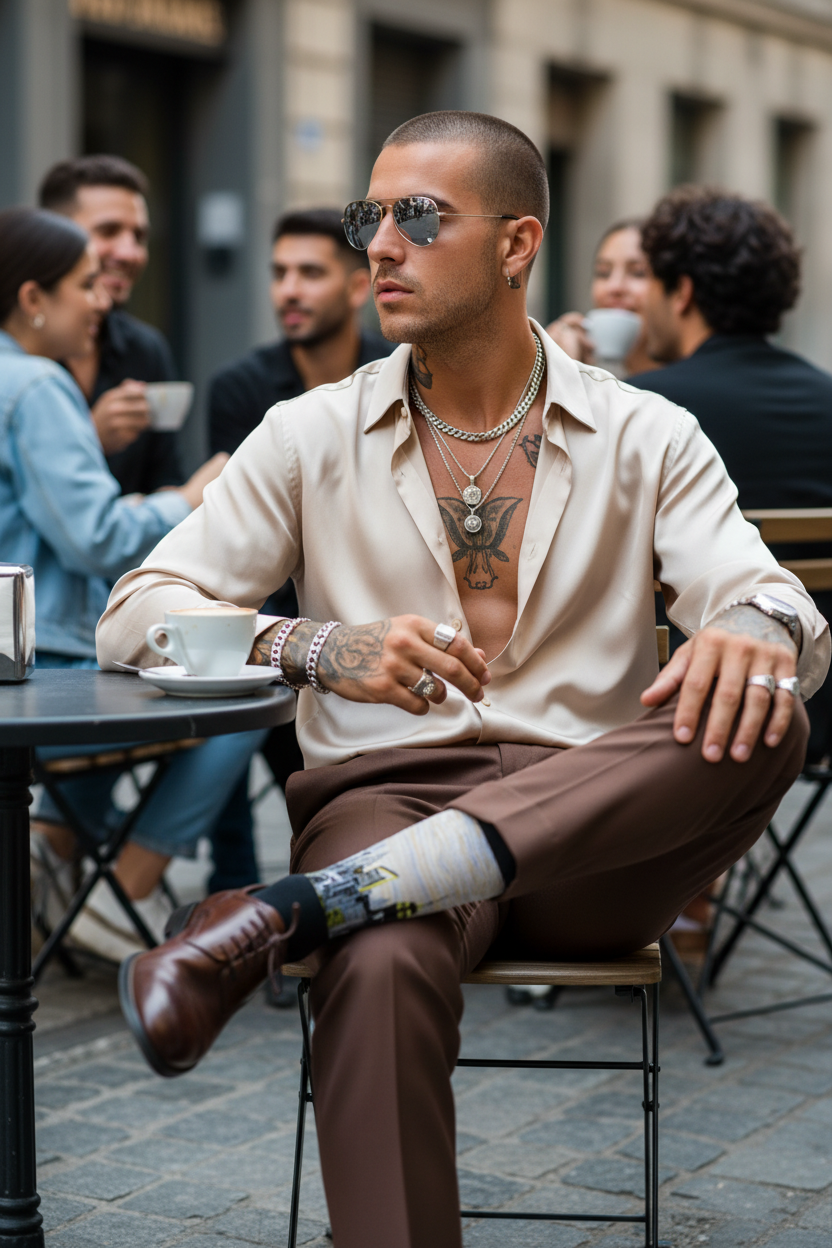 Man sitting at an outdoor cafe table wearing sunglasses, beige shirt a Loria NYC Art socks 