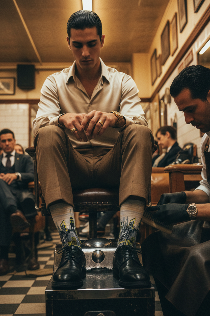Man in shoe shining chair wearing beige and brown clothes and socks with Loria NYC Art skyline design.