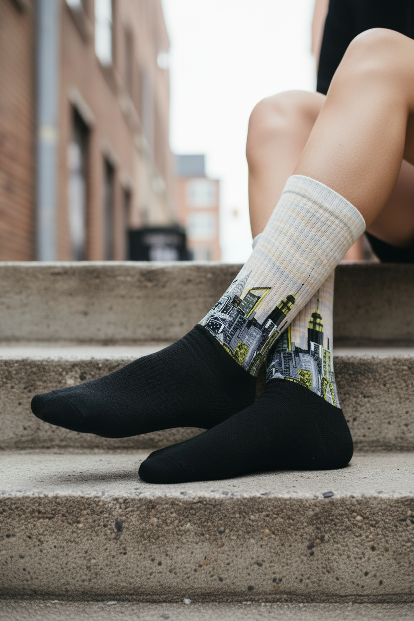  Black and white socks with cityscape Loria NYC Art design on urban concrete steps.