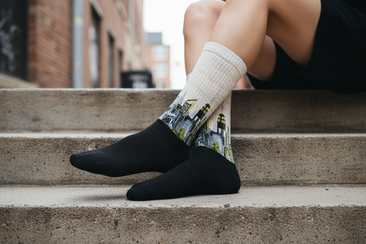 Person wearing black and white socks with cityscape Loria NYC Art design on concrete steps.