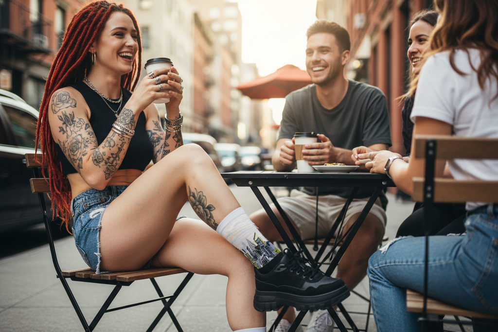 Girl wearing Loria NYC Art socks with people sitting outdoors at a cafe, enjoying drinks and conversation.