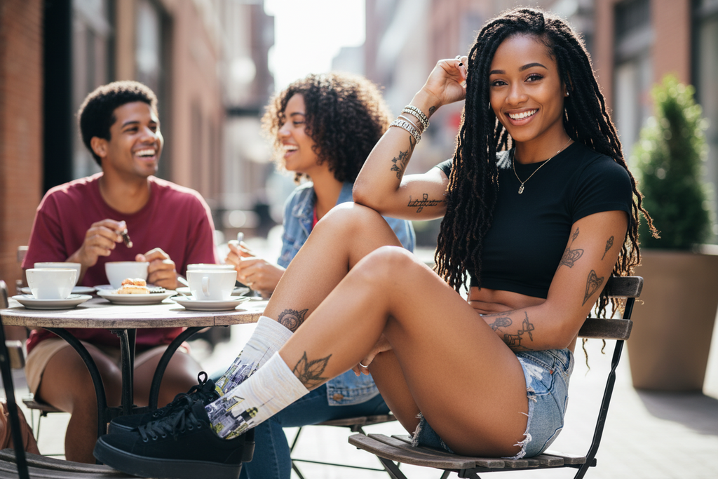 Woman wearing Loria NYC Art socks sitting outdoors with friends at a table, smiling.