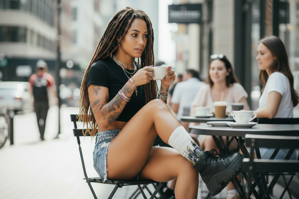 Woman sitting outdoors at a cafe, holding a cup wearing Loria NYC Art socks with a city street background