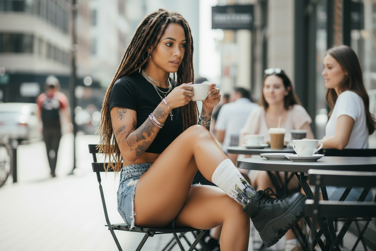 Woman sitting outdoors at a cafe, holding a cup wearing Loria NYC Art socks with a city street background