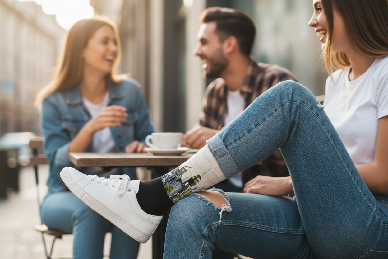 Women wearing Loria NYC Art socks sitting outdoors with a man, enjoying each other's company.