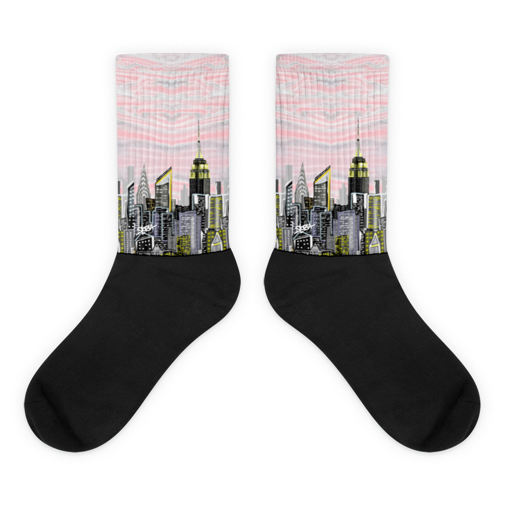 Black socks with cityscape Loria NYC Art design on a white background