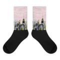 Black socks with cityscape Loria NYC Art design on a white background