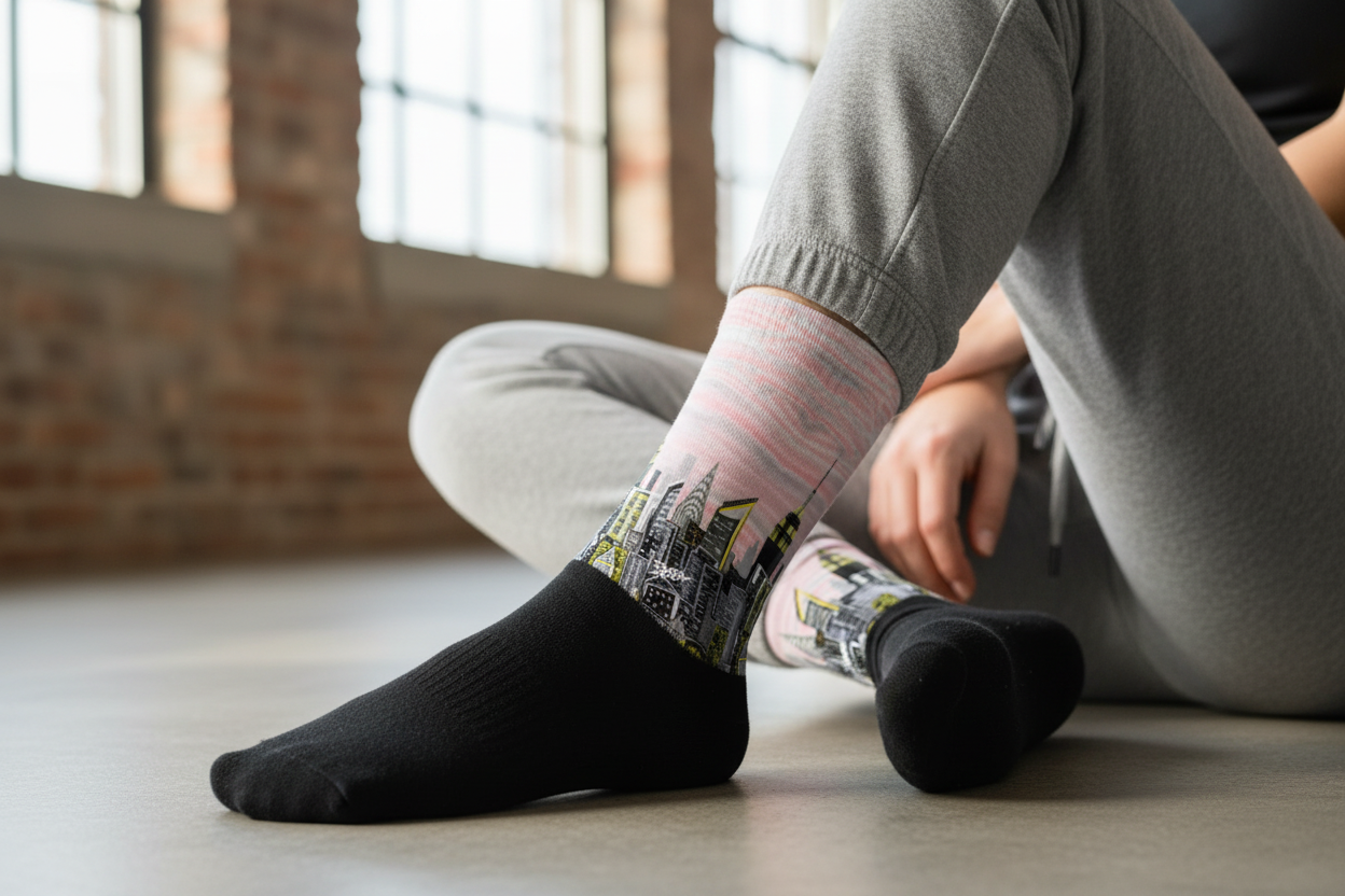 Person wearing socks with Loria NYC Art cityscape design sitting on a floor.