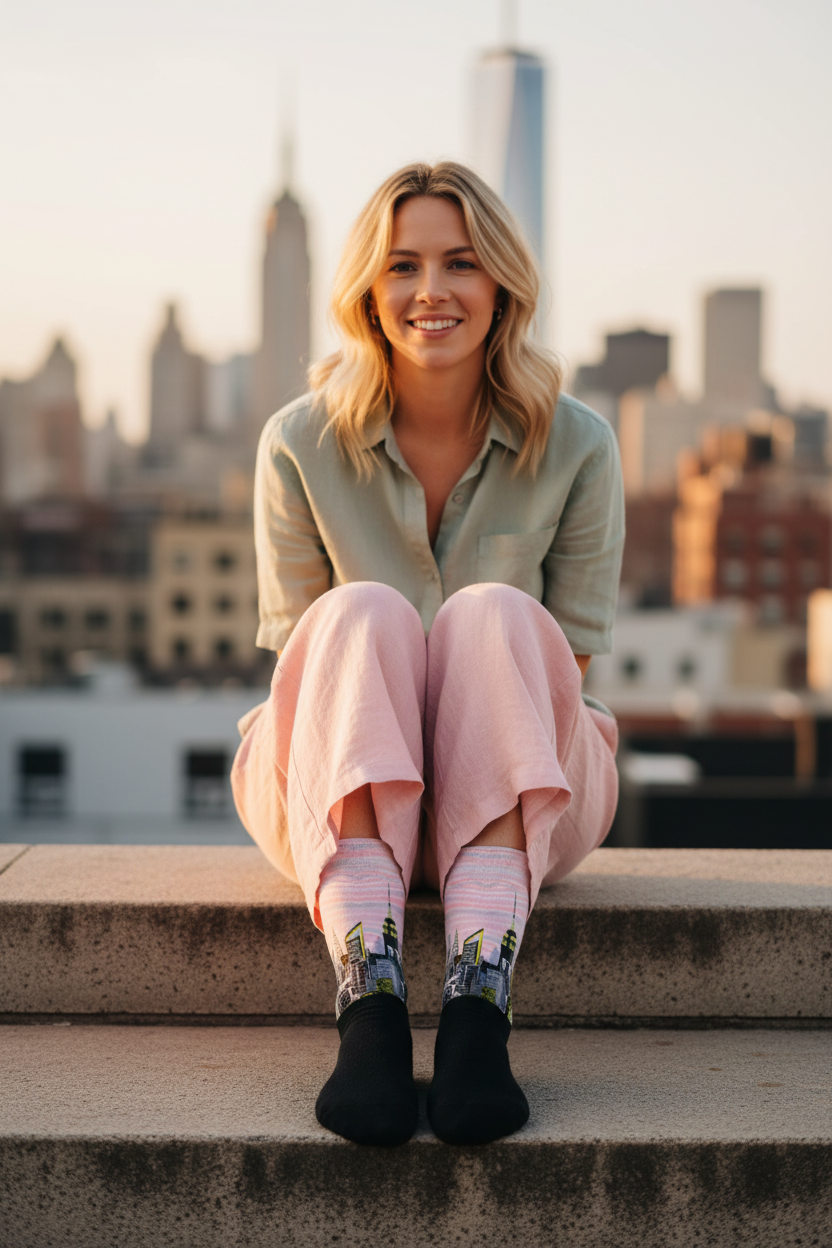 Woman wearing pink Loria NYC Art sitting on a rooftop with a city skyline in the background