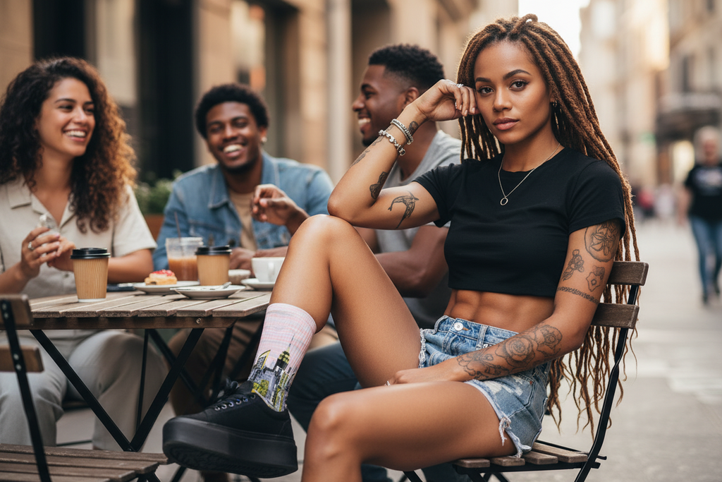 Girl wearing Loria NYC Art pink socks with friends sitting outdoors at a cafe table, enjoying their time together.