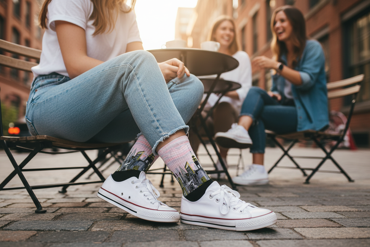 Person wearing white sneakers with colorful Loria NYC Art socks sitting outdoors, with friends in the background.