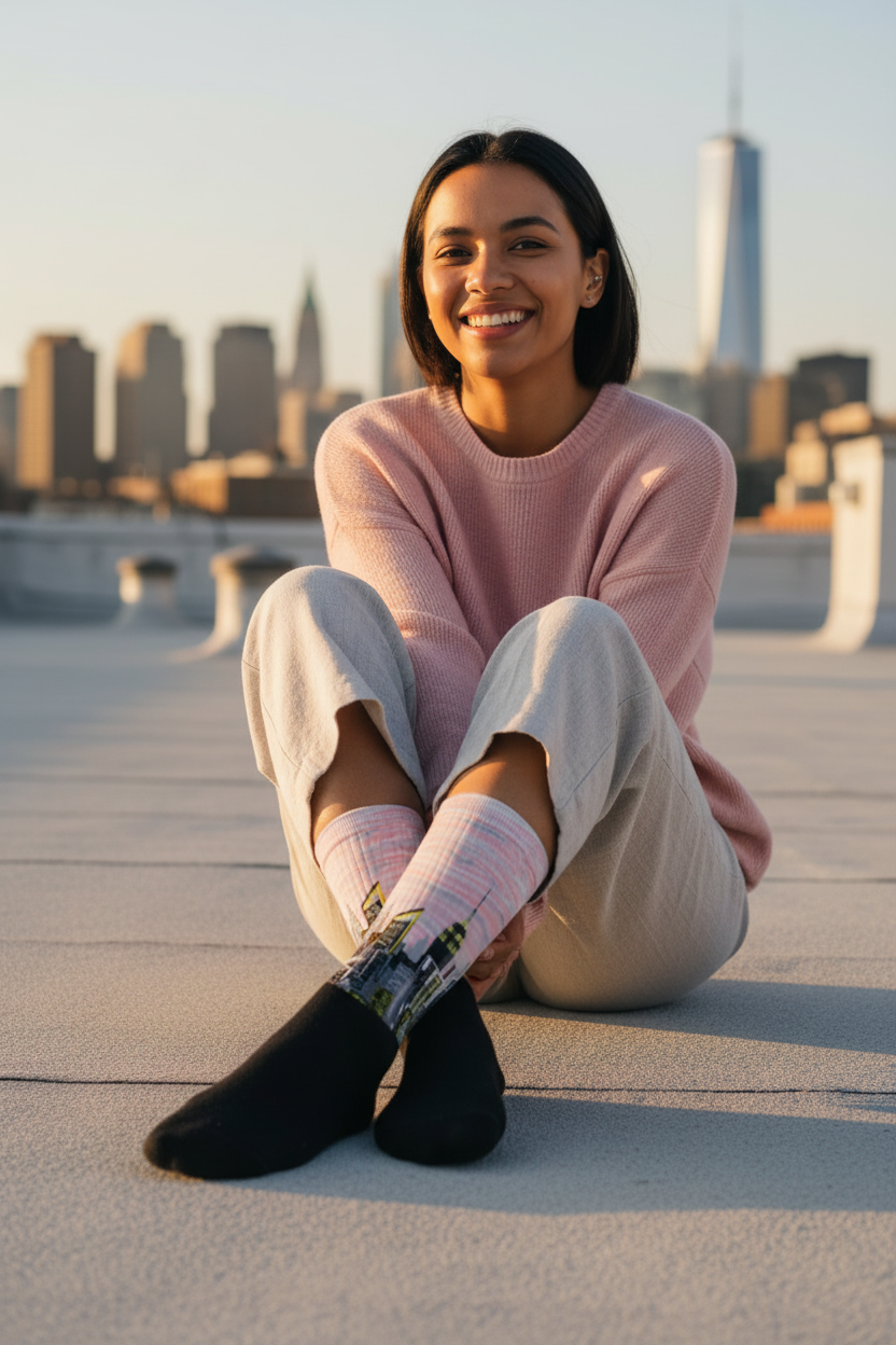 Woman wearing Loria NYC Art socks sitting on a rooftop with a city skyline in the background