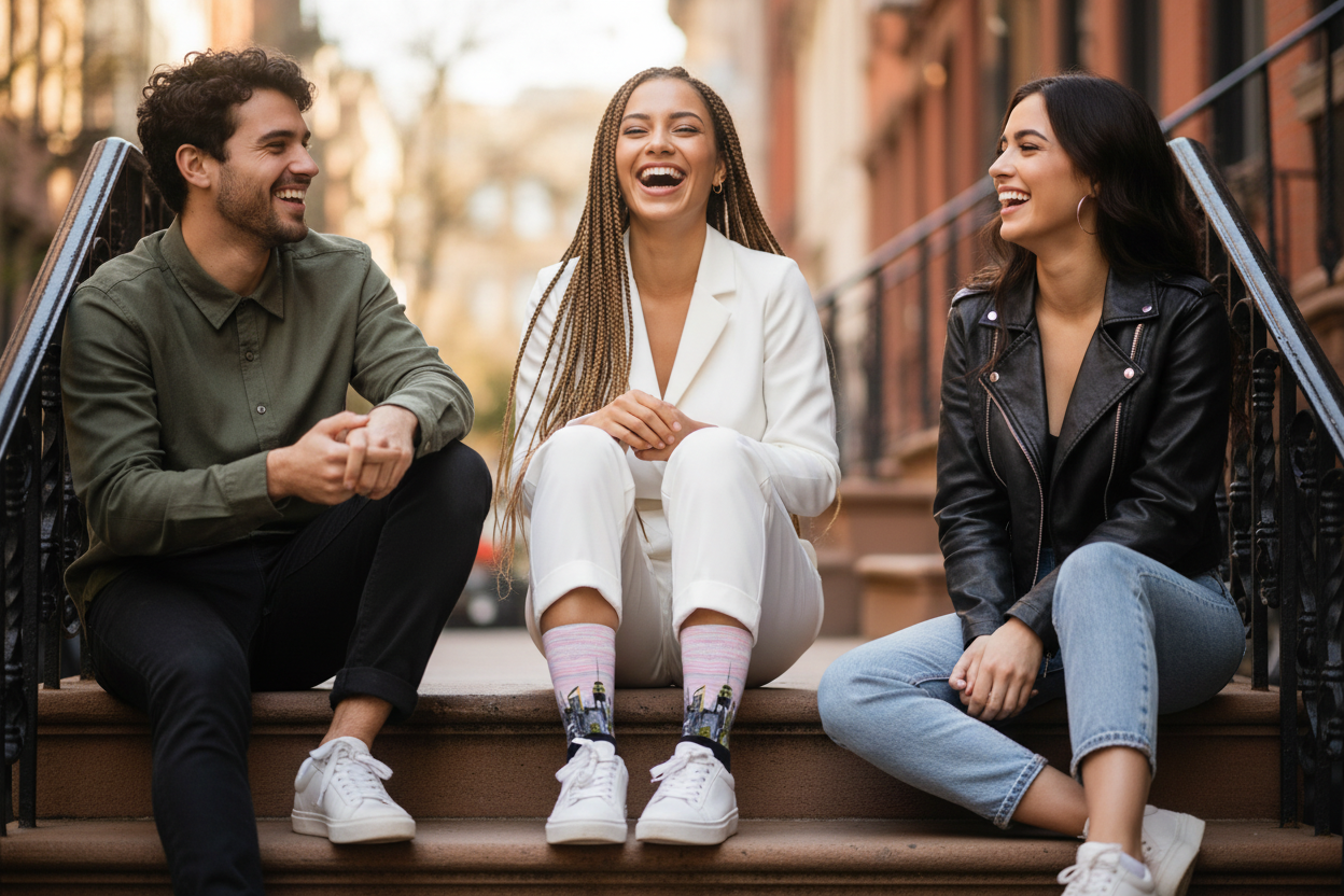 Girl wearing pink Loria NYC Art socks with two people sitting on a staircase outdoors, smiling and laughing.