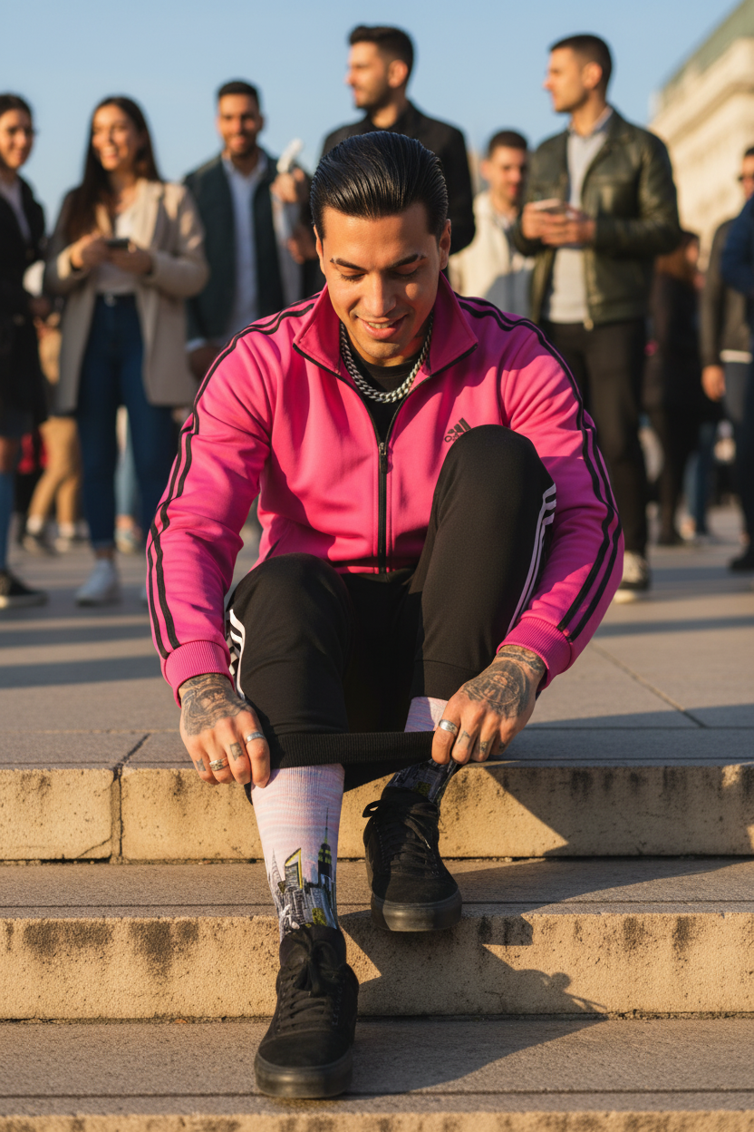 Person wearing pink Loria NYC Art socks, fuchsia jacket tying shoes on steps with a crowd in the background