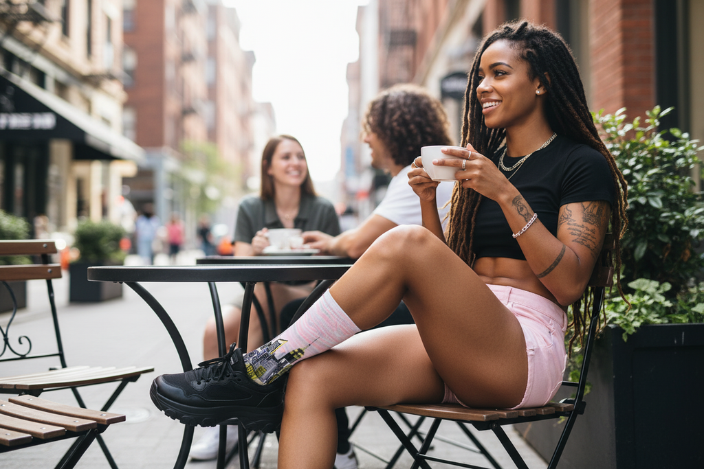 Woman wearing pink Loria NYC Art sock sitting at an outdoor cafe table, holding a coffee cup, with a city street background.