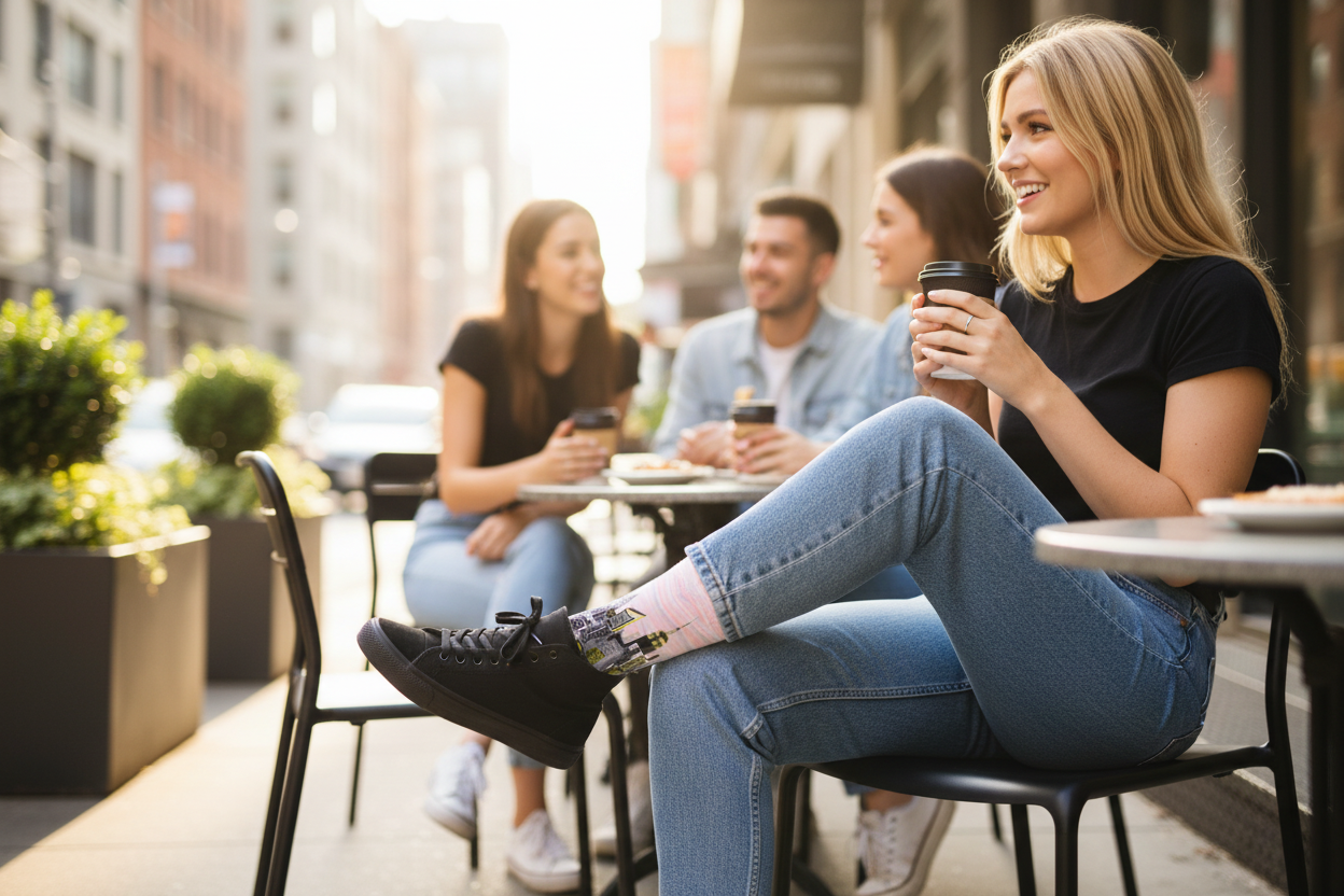 Woman wearing pink Loria NYC Art socks sitting at an outdoor cafe table holding a coffee cup, surrounded by other people.