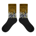 Black socks with Loria NYC Art cityscape design on a white background